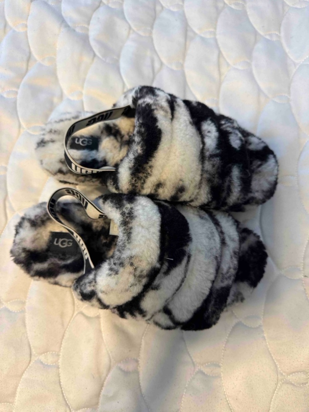 UGG Black and White Marbled Fuzz Slides with Logo Strap